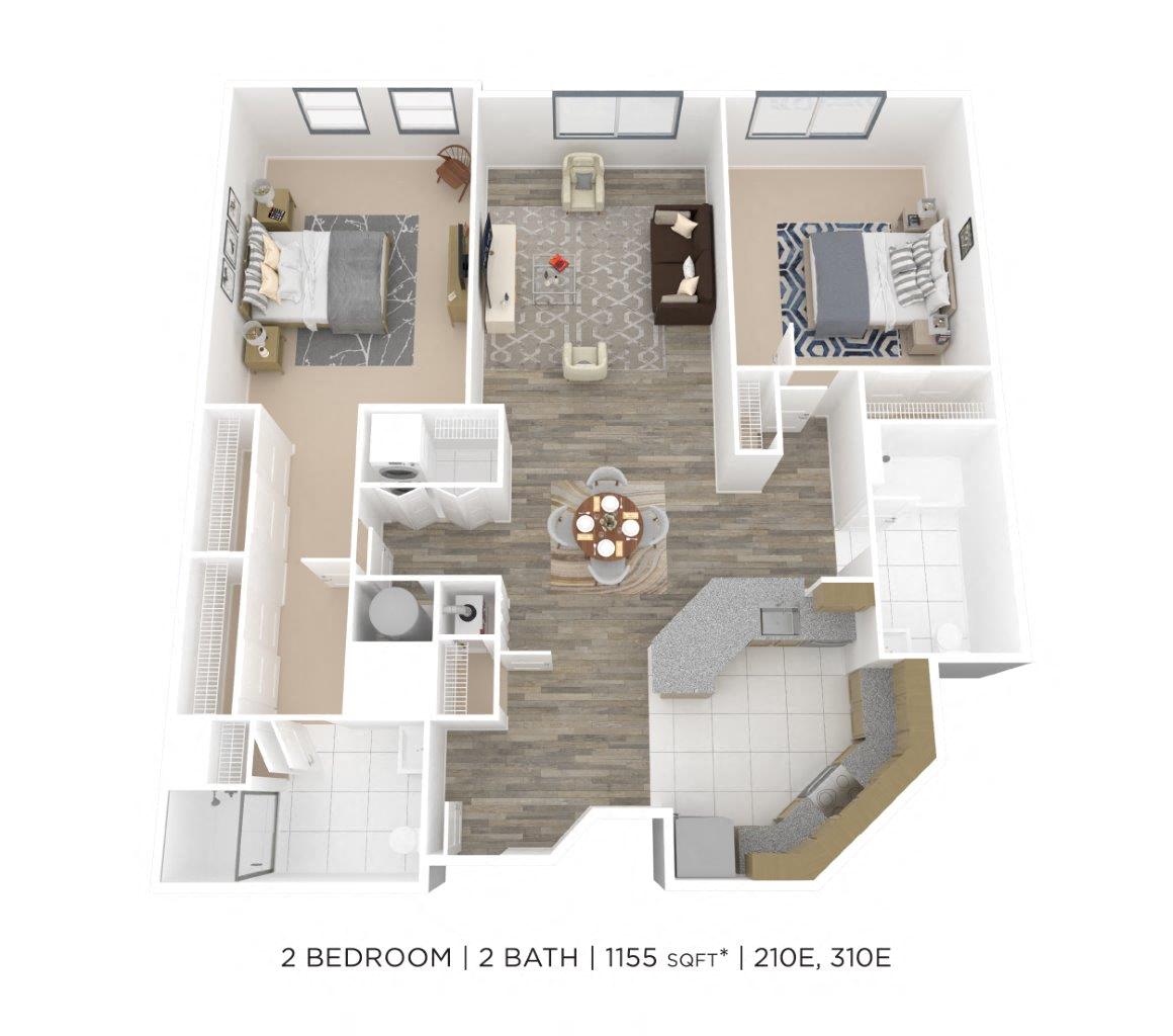 Floor plan for 2 beds, 2 baths, 1155 sqft